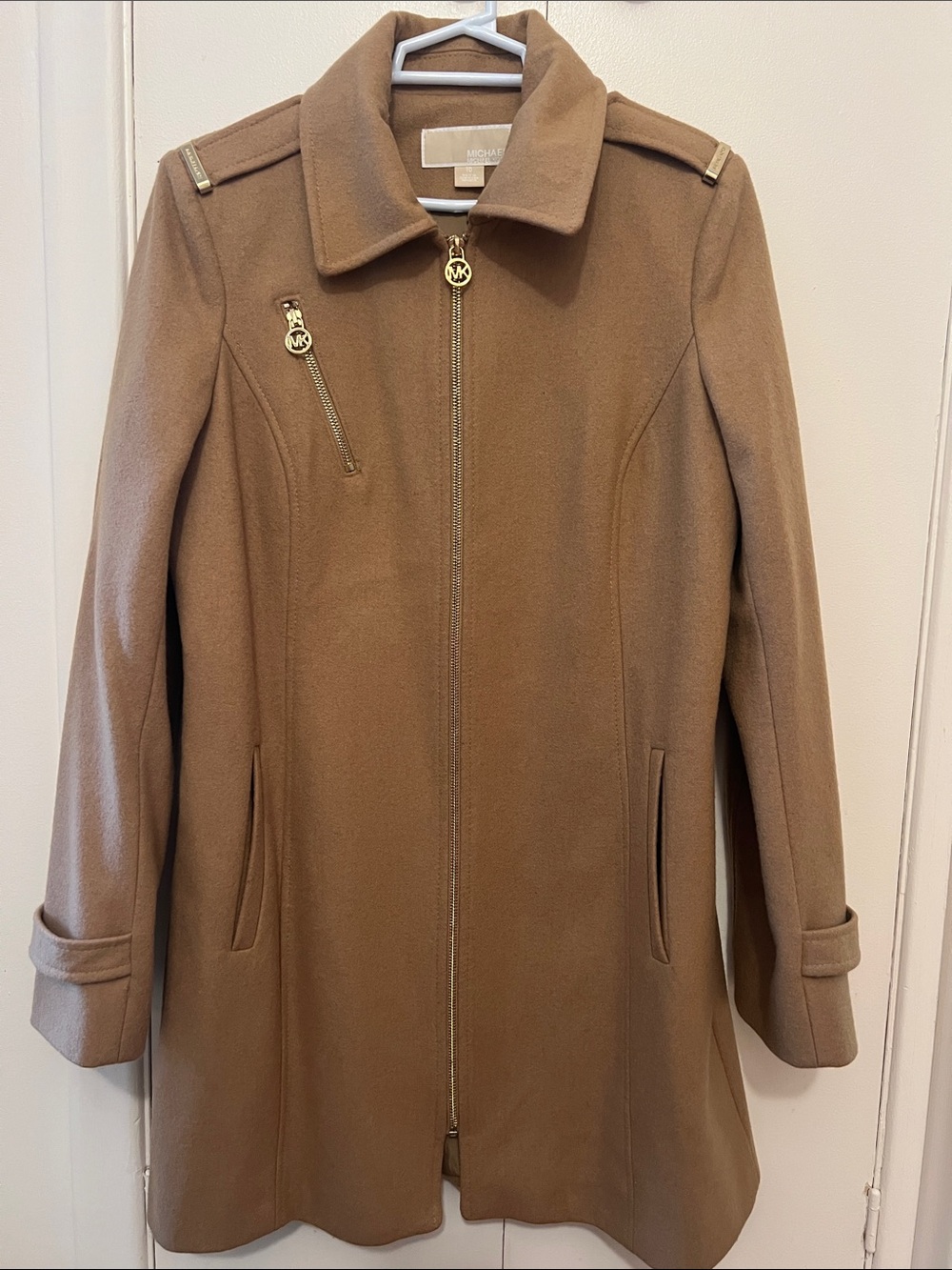 Michael Kors Camel Wool-Blend Zip-Front Pea Coat